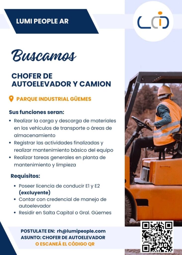 Oferta de empleo chofer de Autoelevador Salta